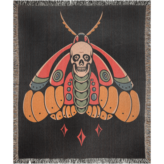 Death Moth Traditional Tattoo Style Woven Fringe Blanket / / Wall tapestry or throw for sofa, maximalist decor,  tattoo home decor
