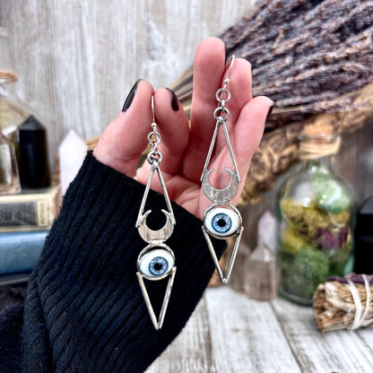Blue Iris Eyeball Fine Silver Earrings / Long Dangle Witchy Earrings