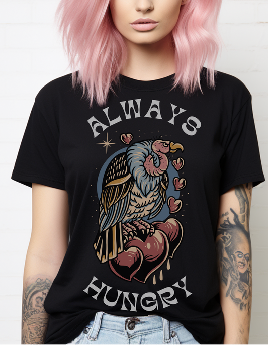 Always Hungry Vulture Hearts Tattoo T-shirt / Dark Cloud Lightning Eye Unisex Traditional Tattoo Tee Shirt / Punk Rock Clothing Tshirt - Foxlark Crystal Jewelry