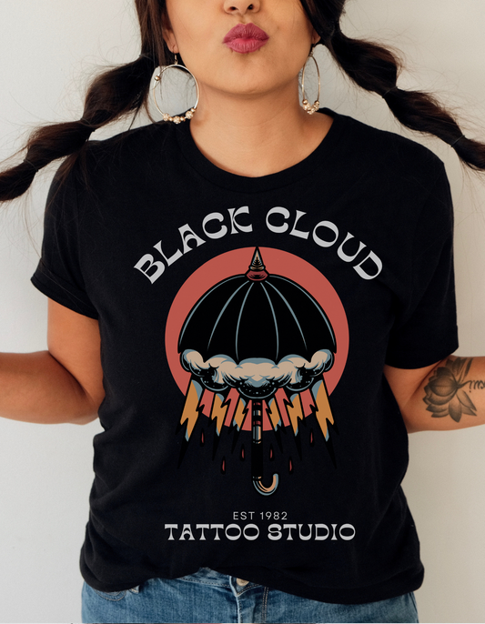 Black Cloud Umbrella Lightning Bolt Tattoo T-shirt / Unisex Vintage Old School Traditional Tattoo Tee Shirt / Punk Rock Clothing Tshirt - Foxlark Crystal Jewelry