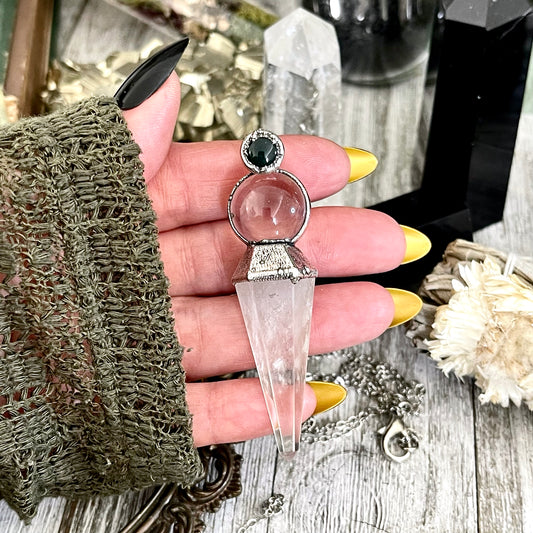 Clear Quartz Sphere Pendulum with Moss Agate Necklace Pendant in Fine Silver  / Foxlark Collection