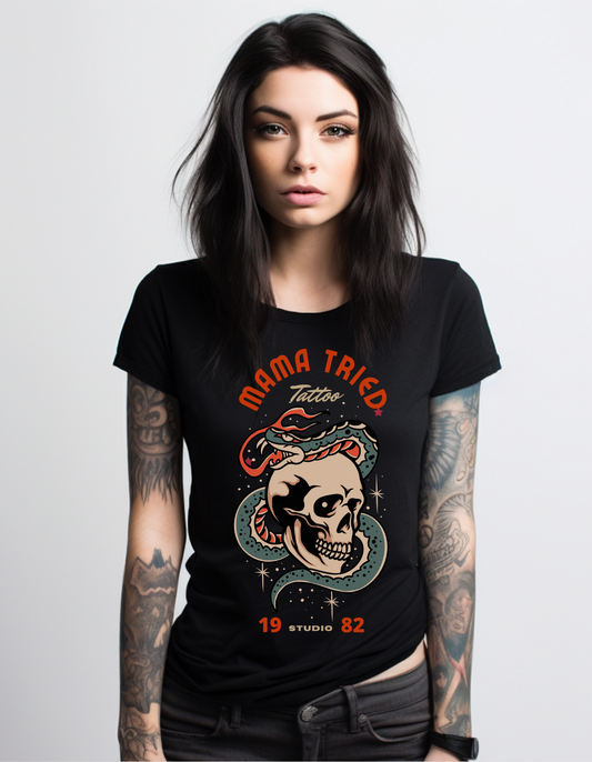 Mama Tried Tattoo studio Snake and Skull Tattoo T-shirt / Vintage Old School Traditional Tattoo Tee Shirt / Punk Rock Clothing Tshirt - Foxlark Crystal Jewelry