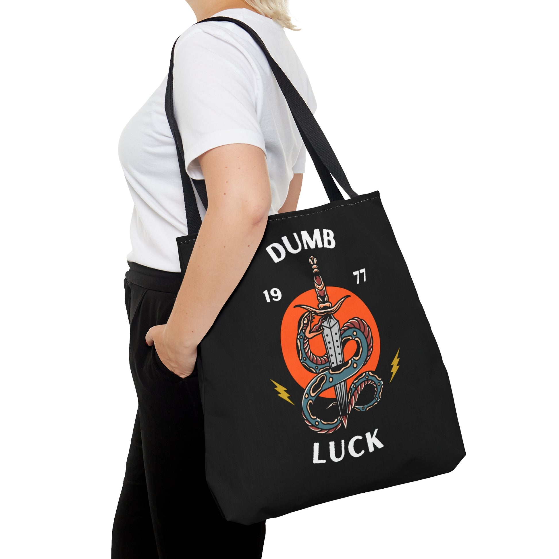 Dumb Luck Snake and Dagger Tattoo Tote Bag in Black / Vintage American Old School Traditional Tattoo / Punk Rock Alternative Beach - Foxlark Crystal Jewelry