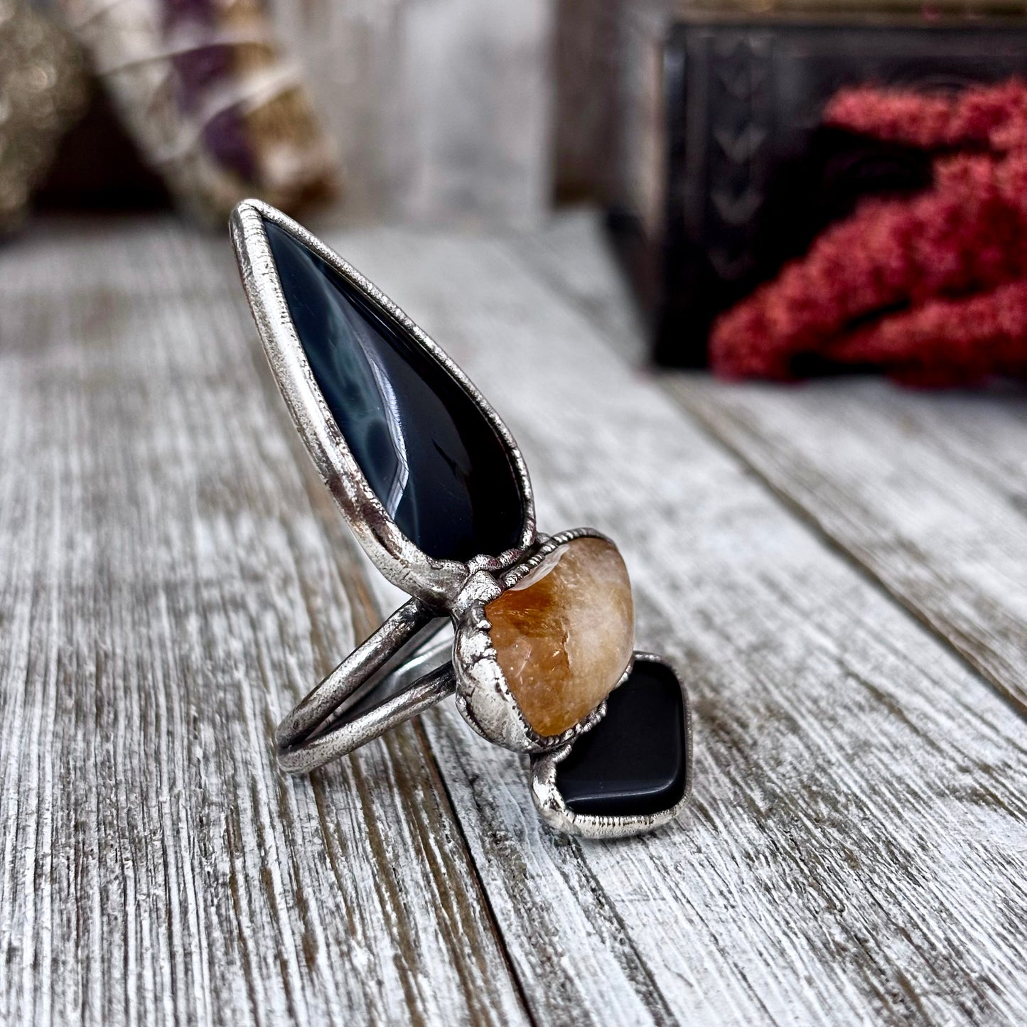 Multi Stone Obsidian Citrine Spiderweb Obsidian Ring In Silver Size 8.5 / Foxlark Collection