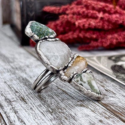Multi Stone Moss Agate Citrine Rainbow Moonstone Ring In Silver Size 10 / Foxlark Collection