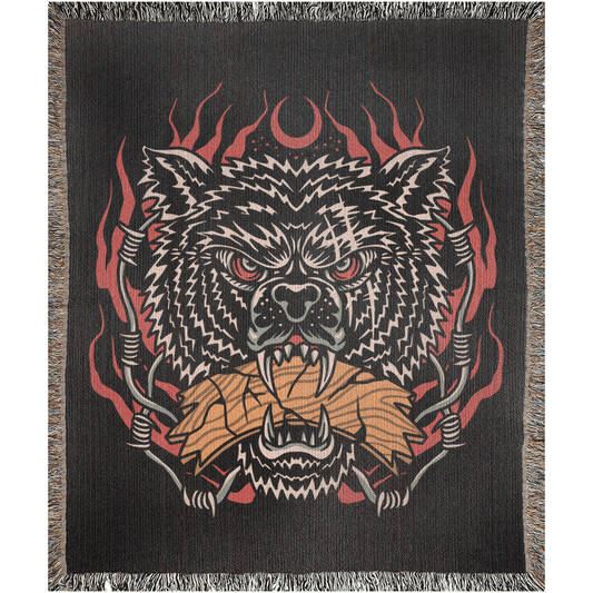 Wild Wolf Traditional Tattoo Style Woven Fringe Blanket / / Wall tapestry, throw for sofa, maximalist decor, tattoo home decor