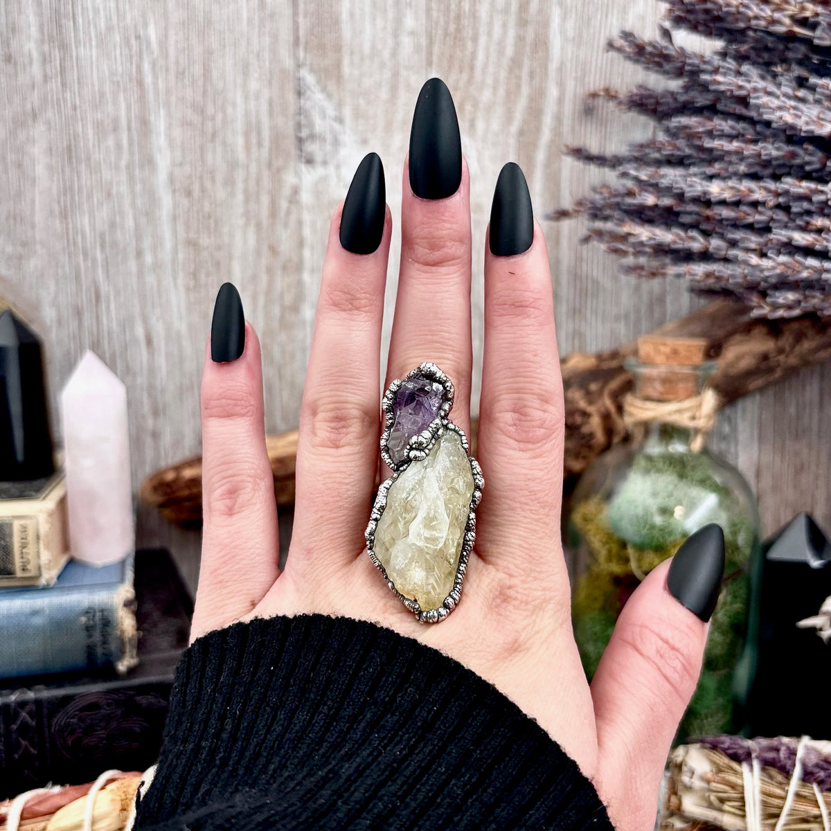 Two Stone Raw Amethyst and Citrine Ring in Fine Silver Size 7.5 / Foxlark Collection - One of a Kind FOXLARK