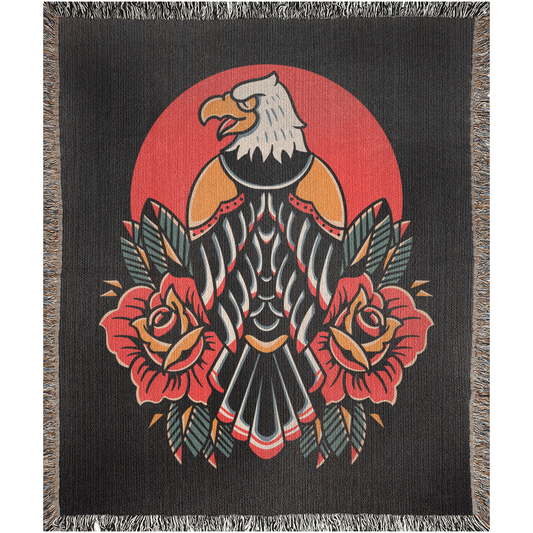 Eagle and Roses Traditional Tattoo Style Woven Fringe Blanket / / Wall tapestry, throw for sofa, maximalist decor, tattoo home decor