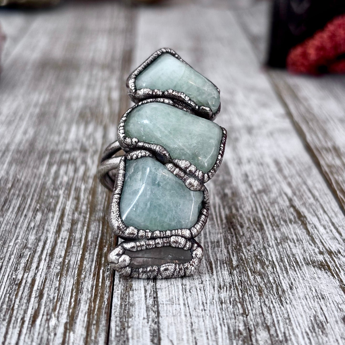 Multi Stone Aquamarine Clear Quartz Ring In Silver Size 8.5 / Foxlark Collection