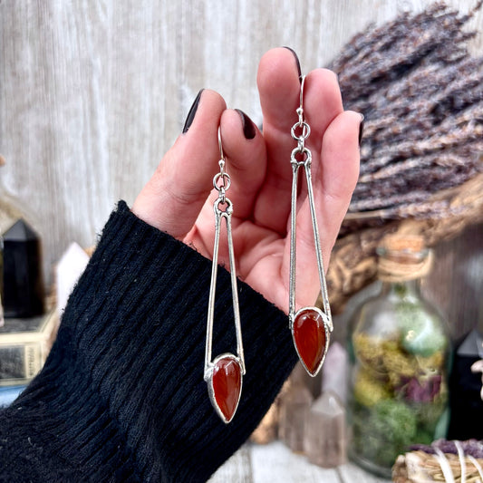Carnelian Teardrop Fine Silver Crystal Earrings / Long Dangle Witchy Earrings