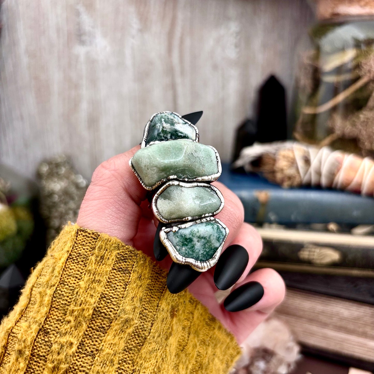 Multi Stone Aventurine Moss Agate Ring In Silver Size 8.5 / Foxlark Collection