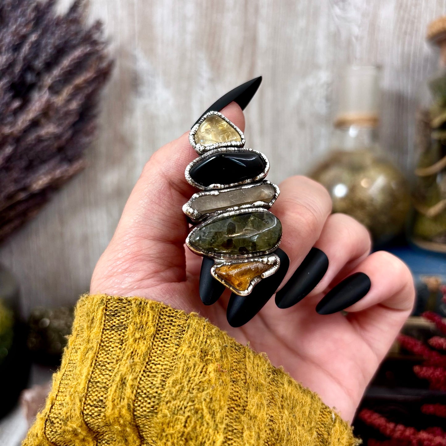 Multi Stone Citrine Obsidian Prehnite Smoky Quartz Ring In Silver Size 8.5 / Foxlark Collection