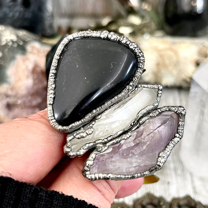 Size 9 Crystal Ring - Three Stone Black Onyx Clear Quartz Amethyst Ring in Silver / Foxlark Collection - One of a Kind