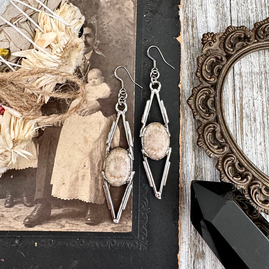 Fossilized Coral Fine Silver Crystal Earrings / Long Dangle Witchy Earrings