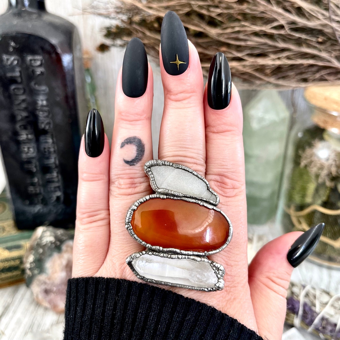 Size 9 Crystal Ring - Three Stone Ring Sea Glass Carnelian Clear Quartz Ring in Silver / Foxlark Collection - One of a Kind