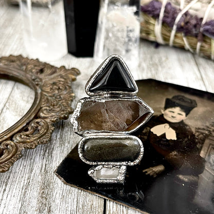 Size 10 - Four Stone Black Onyx Silver Sheen Obsidian Smokey Quartz Clear Quartz Ring In Silver  / Foxlark - One of a Kind