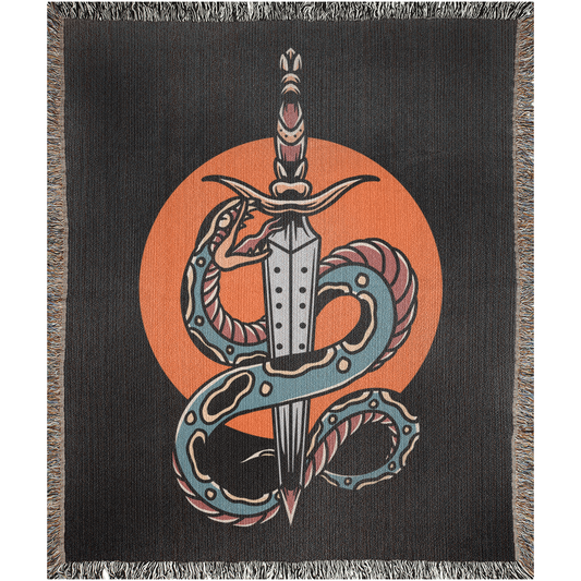 Snake and Sword Traditional Tattoo Style Woven Blanket