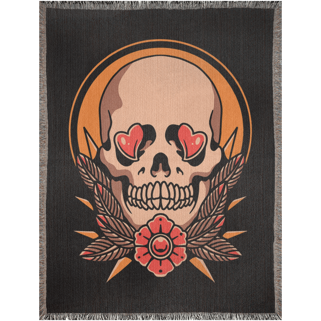 Heart Eye Floral Skull Traditional Tattoo Style Woven Fringe Blanket / / Wall tapestry, throw for sofa, maximalist decor, tattoo home decor