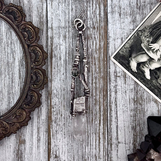 Raw Clear Quartz Moss Agate Crystal Necklace in Silver / Sticks & Stones Collection