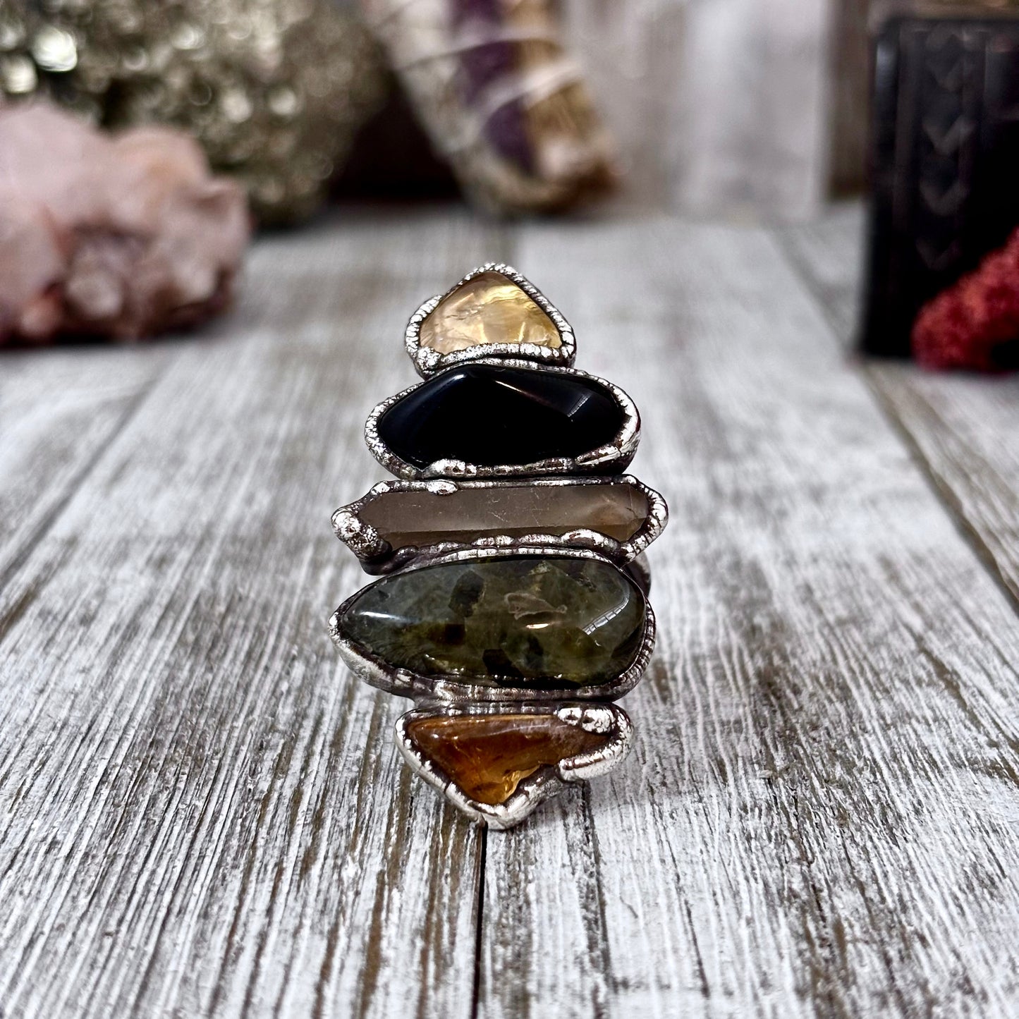 Multi Stone Citrine Obsidian Prehnite Smoky Quartz Ring In Silver Size 8.5 / Foxlark Collection