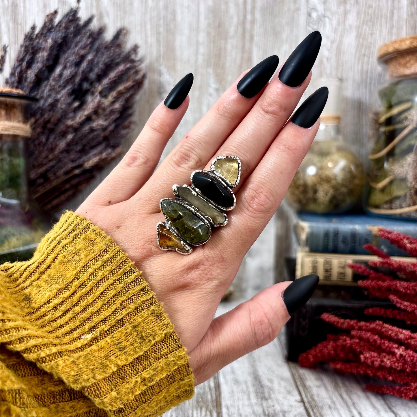 Multi Stone Citrine Obsidian Prehnite Smoky Quartz Ring In Silver Size 8.5 / Foxlark Collection