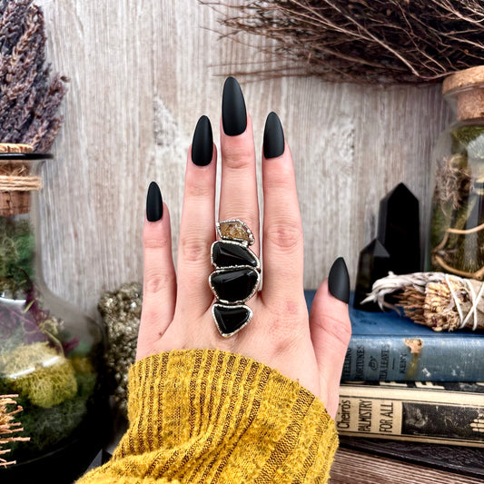 Multi Stone Black Obsidian Star Raw Citrine In Silver Size 7 / Foxlark Collection