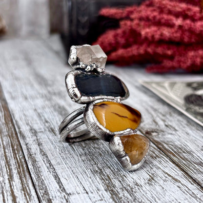 Multi Stone Citrine Mookaite Blue Tigers Eye Herkimer Diamond Ring In Silver Size 9 / Foxlark Collection