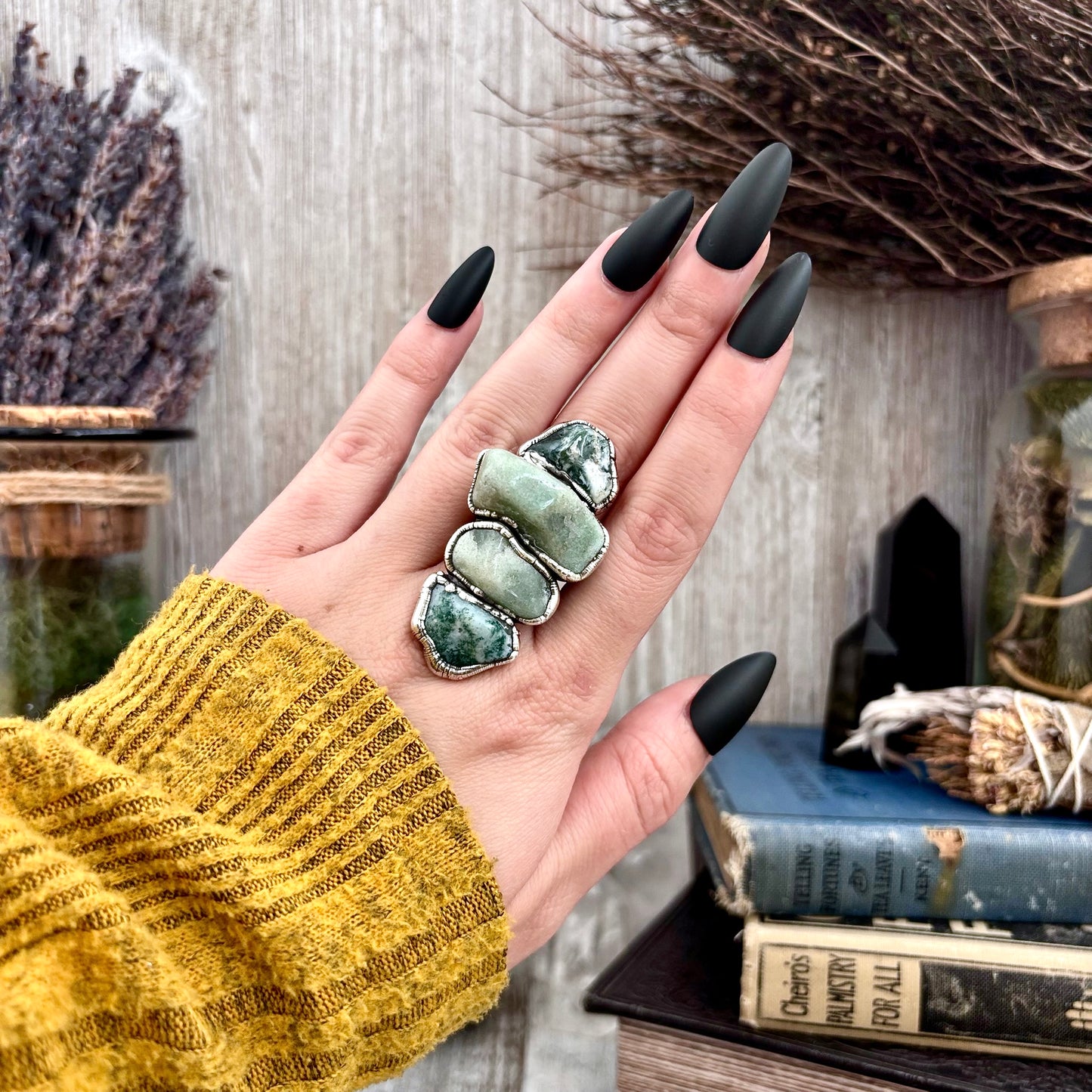 Multi Stone Aventurine Moss Agate Ring In Silver Size 8.5 / Foxlark Collection
