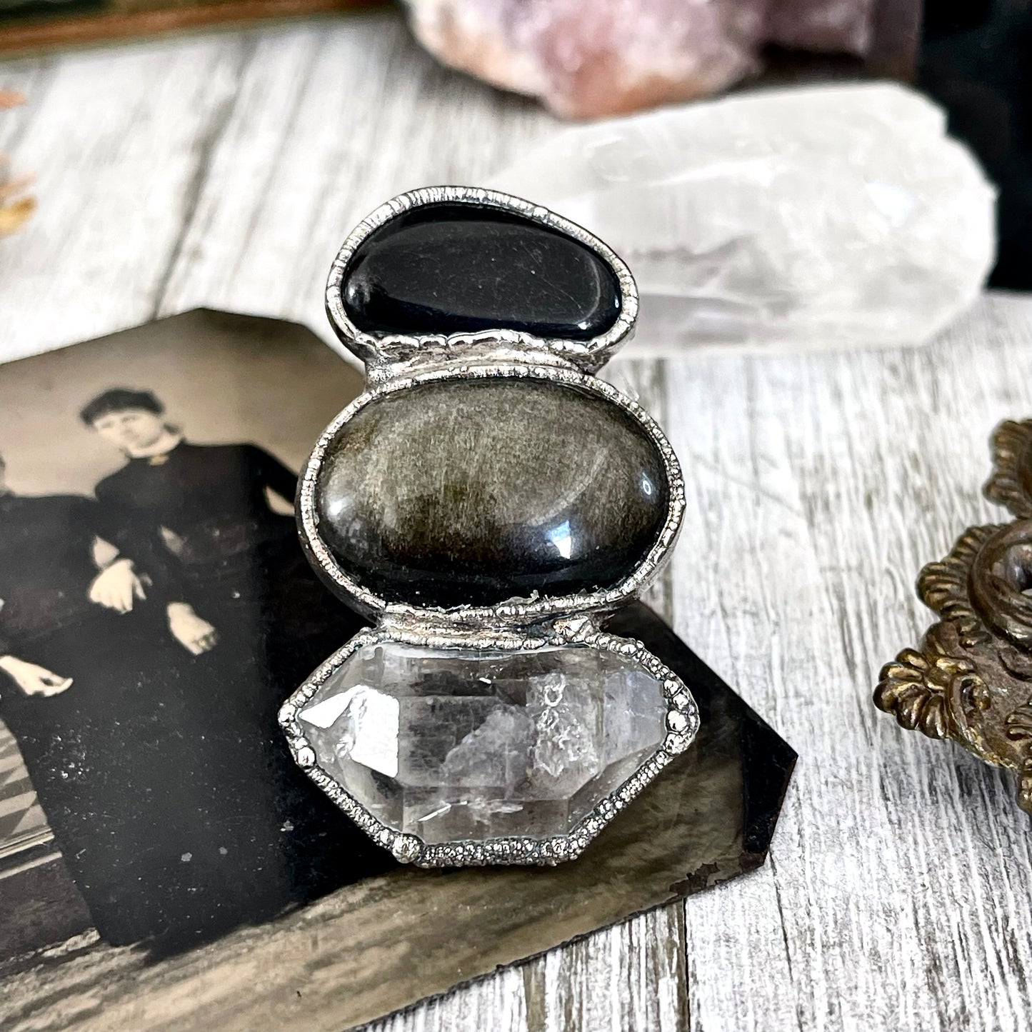 Size 9.5 Crystal Ring - Three Stone Ring Black Onyx Raw Included Quartz Golden Sheen Obsidian Ring Silver / Foxlark Collection - One of a Kind