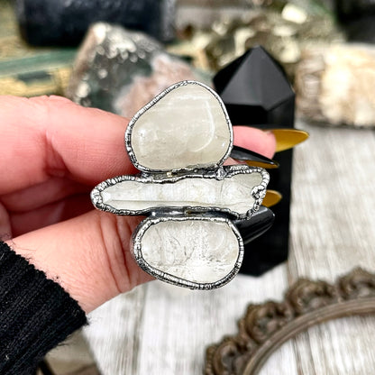 Size 9 Crystal Ring - Three Stone Clear Quartz Ring in Silver / Foxlark Collection - One of a Kind