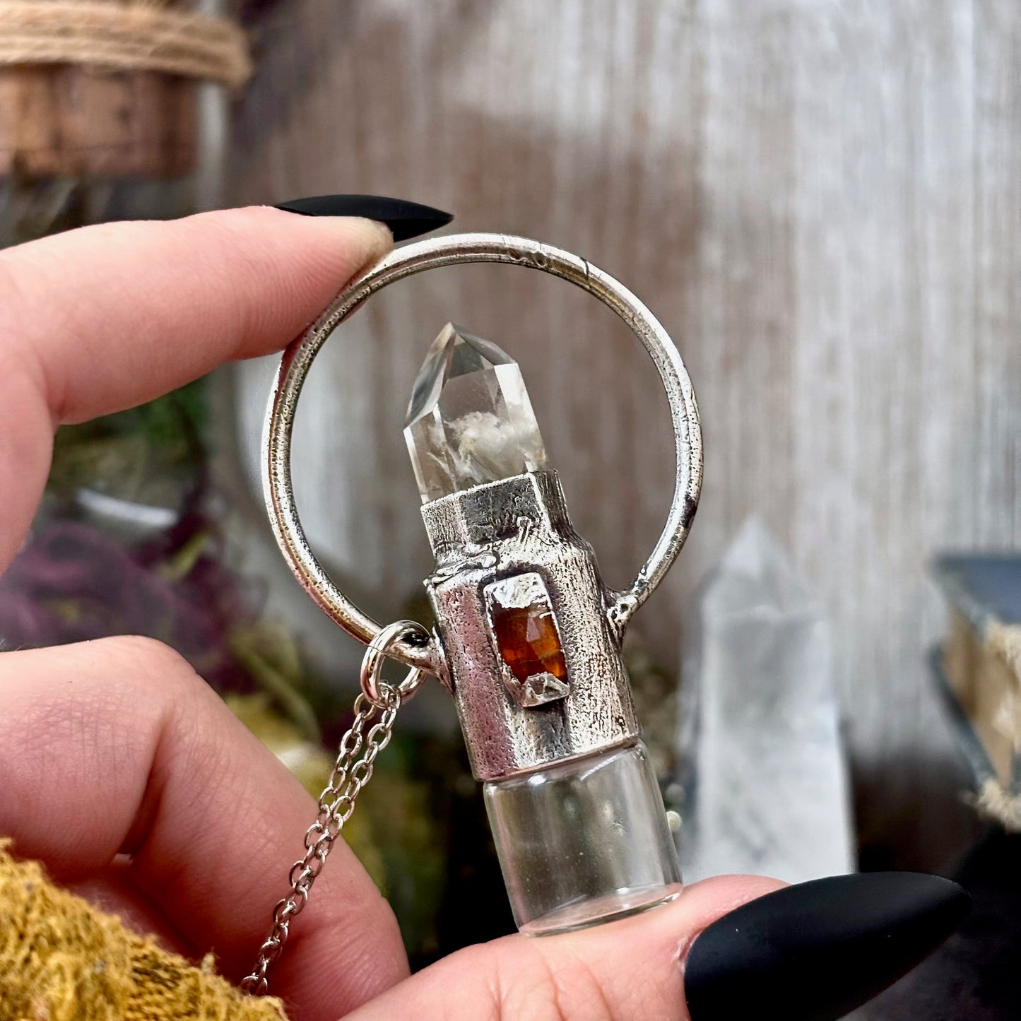 Garden Quartz and Orange Kyanite Crystal Necklace / Silver Rollerball Necklace