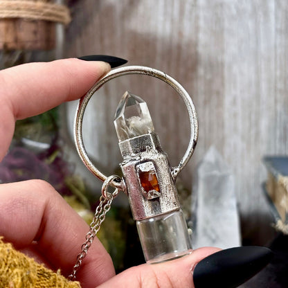 Garden Quartz and Orange Kyanite Crystal Necklace / Silver Rollerball Necklace
