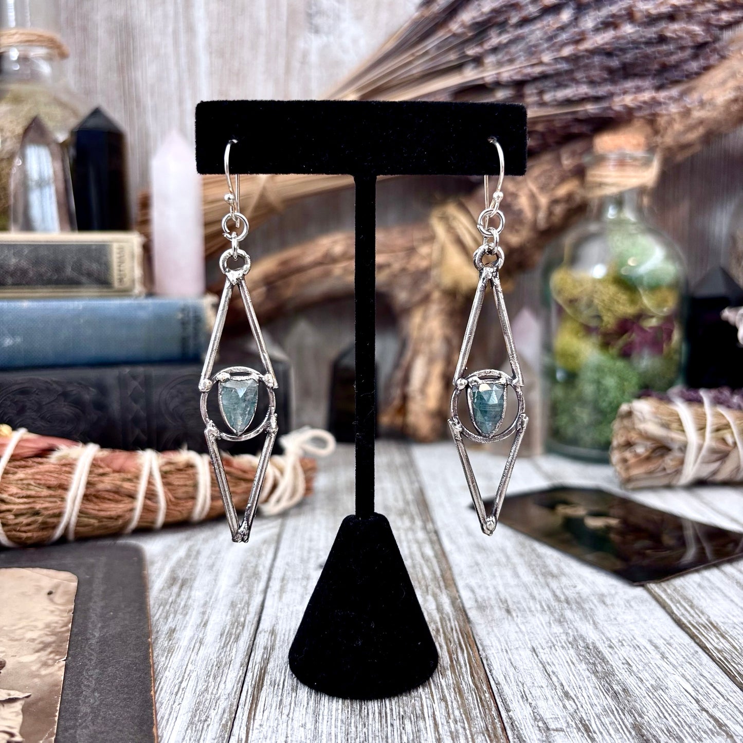 Blue Kyanite Fine Silver Crystal Earrings / Long Dangle Witchy Earrings