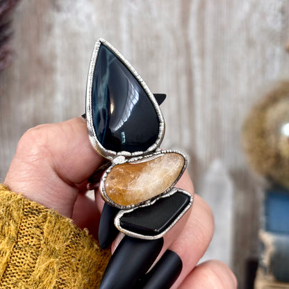 Multi Stone Obsidian Citrine Spiderweb Obsidian Ring In Silver Size 8.5 / Foxlark Collection