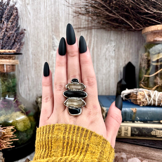 Multi Stone Obsidian Clear Quartz Ring In Silver Size 8.5 / Foxlark Collection