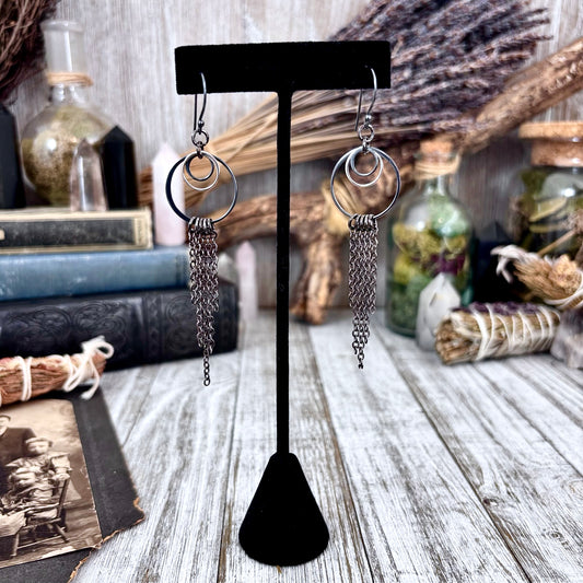 Sterling Silver Gunmetal Hoop Fringe Earrings / Long Dangle Witchy Earrings