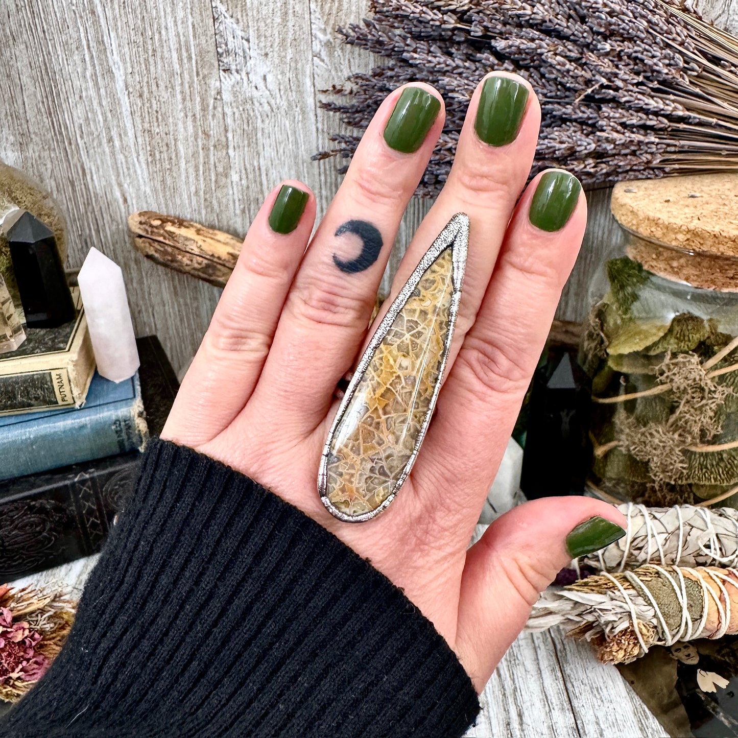 Big Fossilized Coral Crystal Ring Fine Silver Size 9.5 / Foxlark Collection - One of a Kind