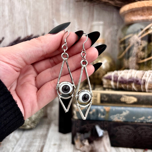 Grey Iris Eyeball Fine Silver Earrings / Long Dangle Witchy Earrings