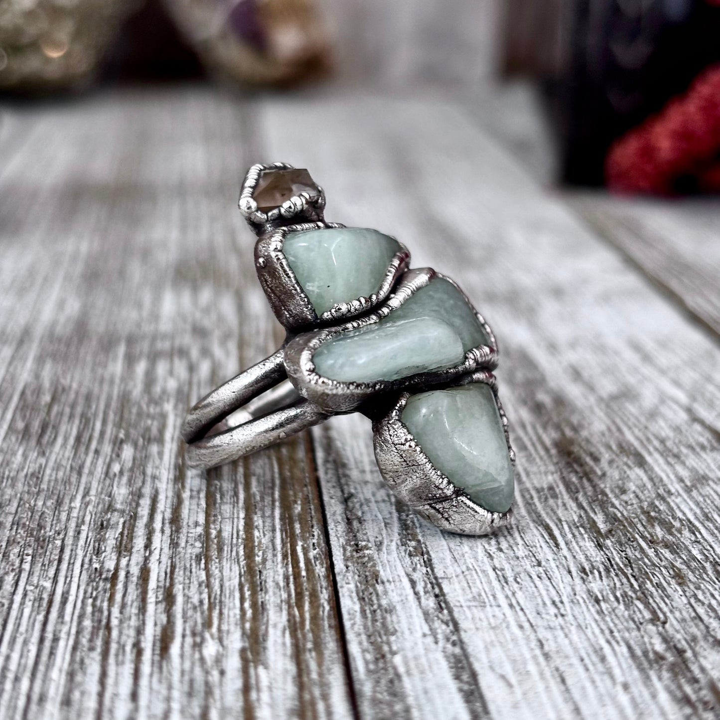 Multi Stone Aquamarine Herkimer Diamond Ring In Silver Size 6.5 / Foxlark Collection
