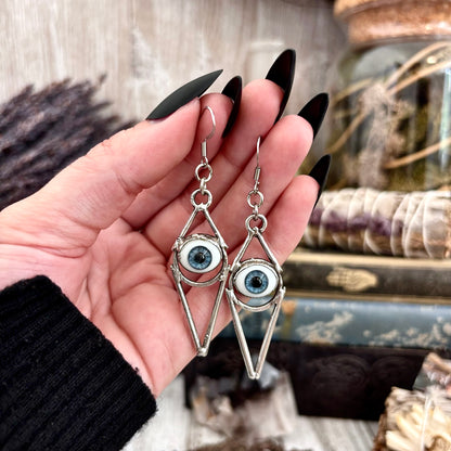 Blue Iris Eyeball Fine Silver Earrings / Long Dangle Witchy Earrings