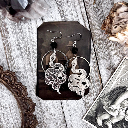 Constellations Snake Black Obsidian Beaded Hoop Earrings Stainless Steel Earrings