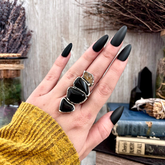 Multi Stone Black Obsidian Star Raw Citrine In Silver Size 7 / Foxlark Collection