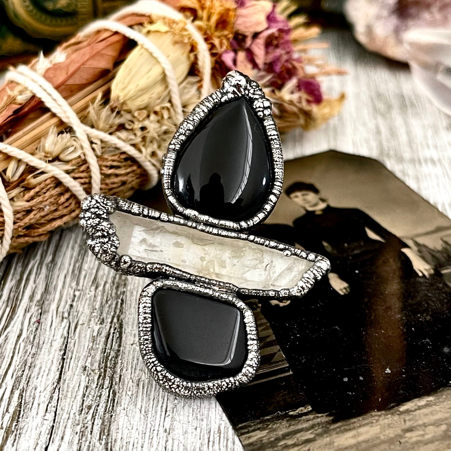 Size 7.5 Crystal Ring - Three Stone Ring Black Onyx Raw Clear Quartz Ring Silver / Foxlark Collection - One of a Kind