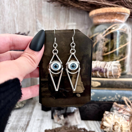 Blue Iris Eyeball Fine Silver Earrings / Long Dangle Witchy Earrings