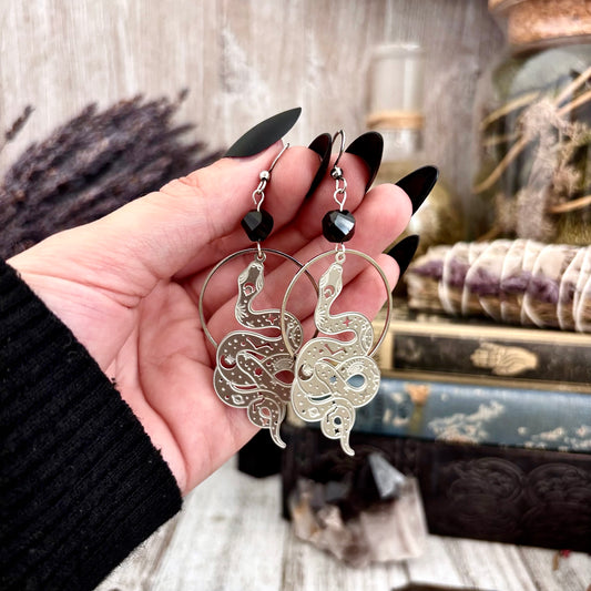 Constellations Snake Black Obsidian Beaded Hoop Earrings Stainless Steel Earrings