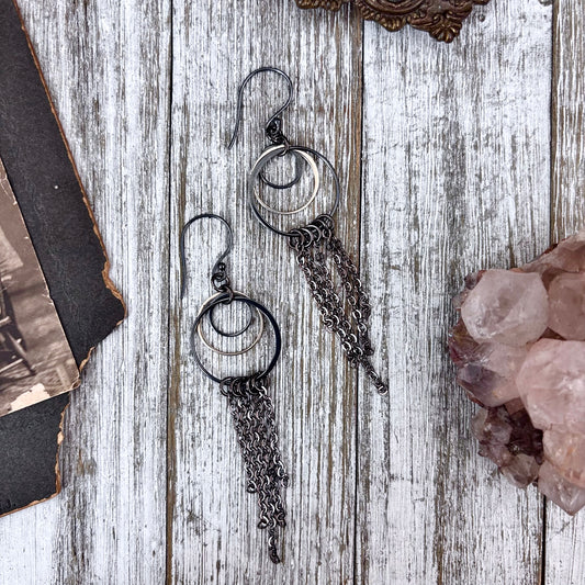 Sterling Silver Gunmetal Hoop Fringe Earrings / Long Dangle Witchy Earrings