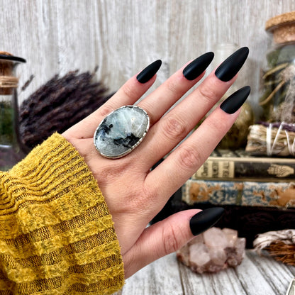 Rainbow Moonstone with Black Tourmaline Ring Silver Size 6 / Foxlark Collection
