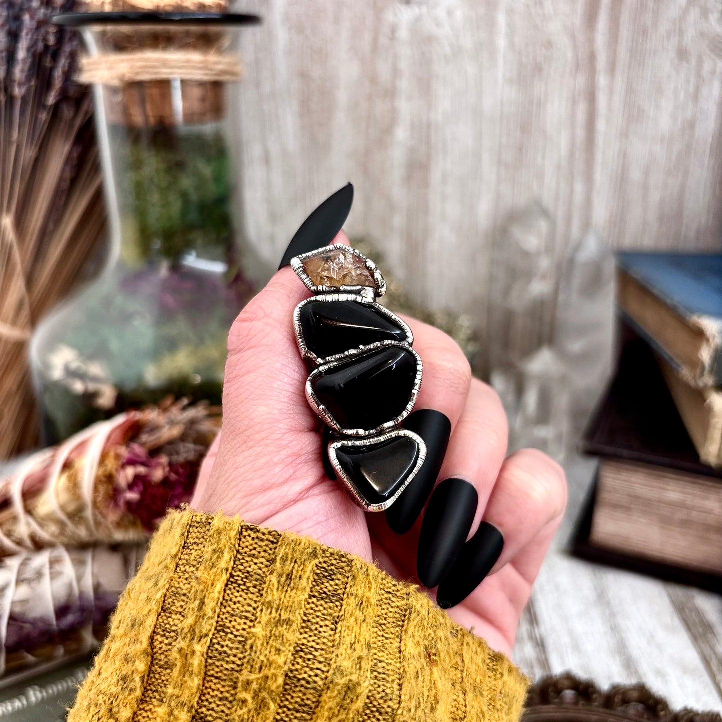 Multi Stone Black Obsidian Star Raw Citrine In Silver Size 7 / Foxlark Collection