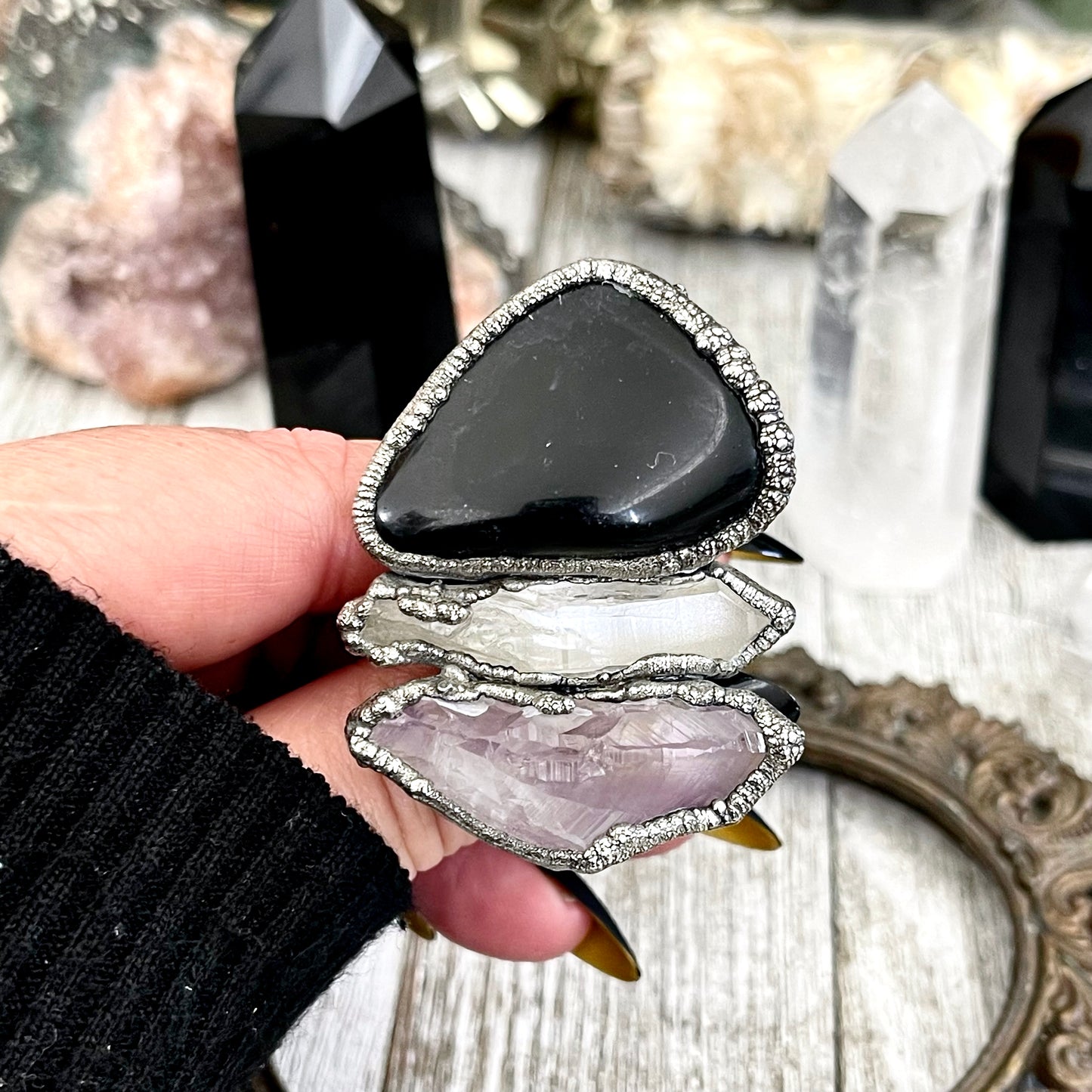 Size 9 Crystal Ring - Three Stone Black Onyx Clear Quartz Amethyst Ring in Silver / Foxlark Collection - One of a Kind