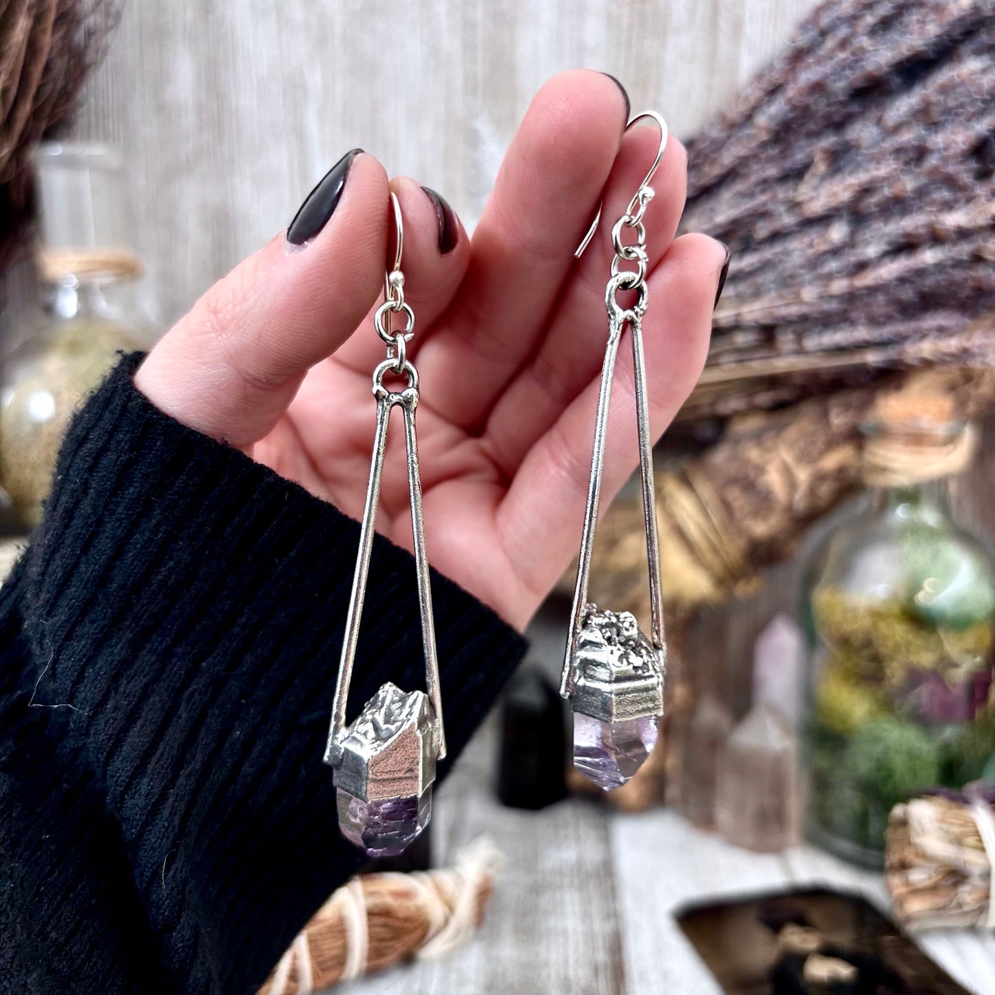 Vera Cruz Amethyst Fine Silver Crystal Earrings / Long Dangle Witchy Earrings